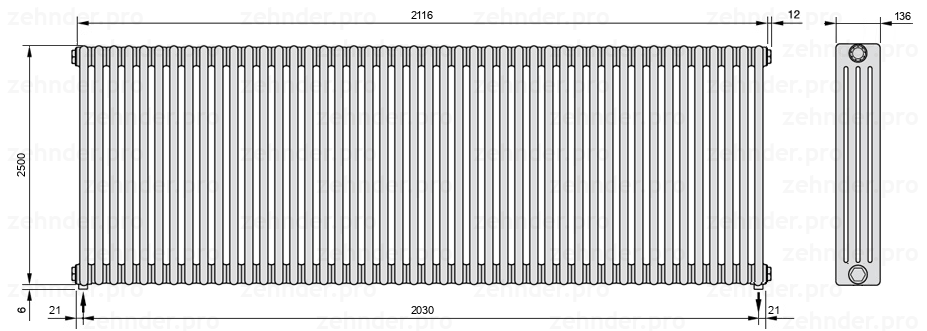 Схема (чертеж) Радиатор Zehnder Charleston 4250/46 №3570 Белый глянцевый RAL 9016